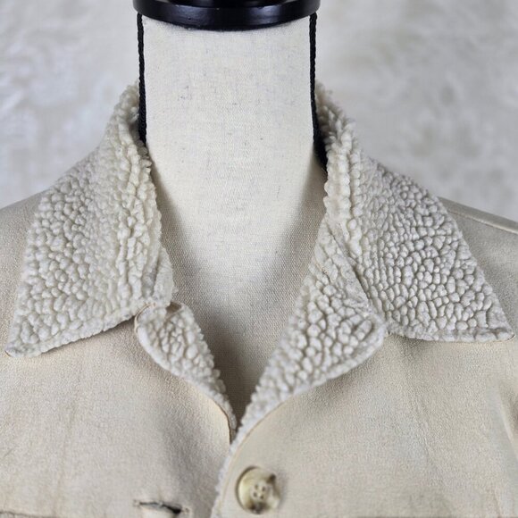 LOB Casual World Cream Colored Faux Suede Shearling Interior Button Front Jacket - Picture 4 of 12